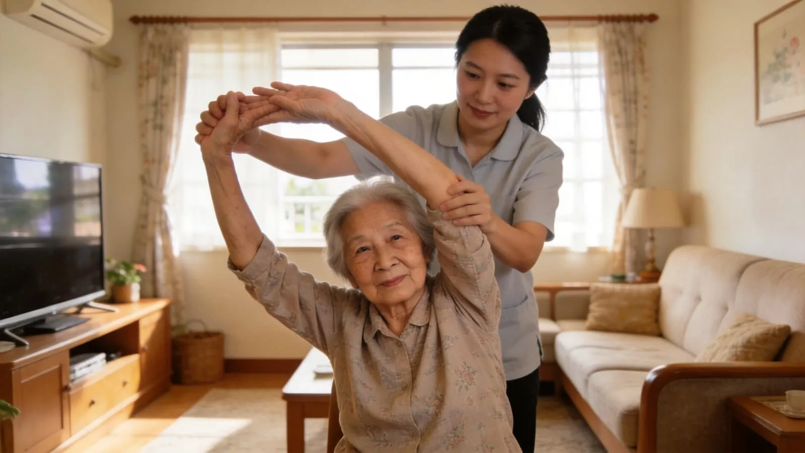 看護人員在居家環境協助長輩日常照護
