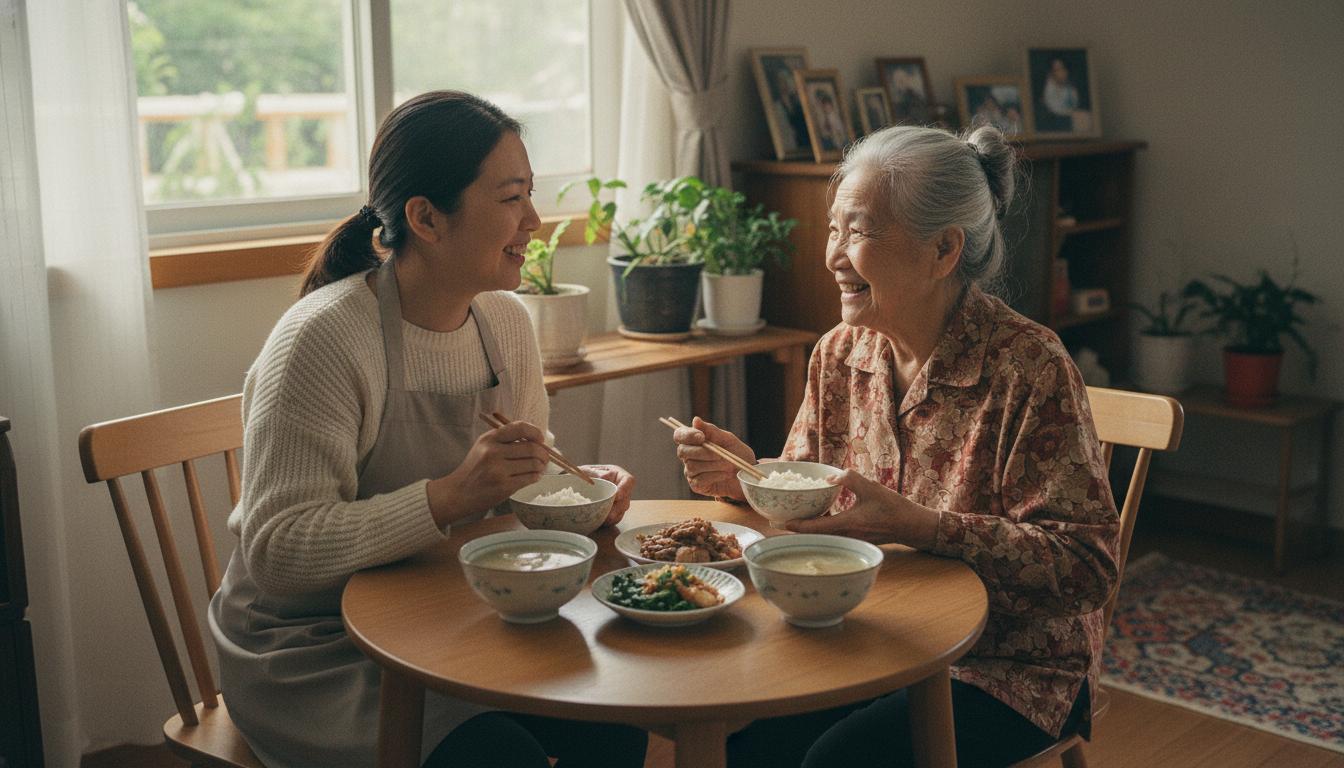 看護員與長者共享餐食