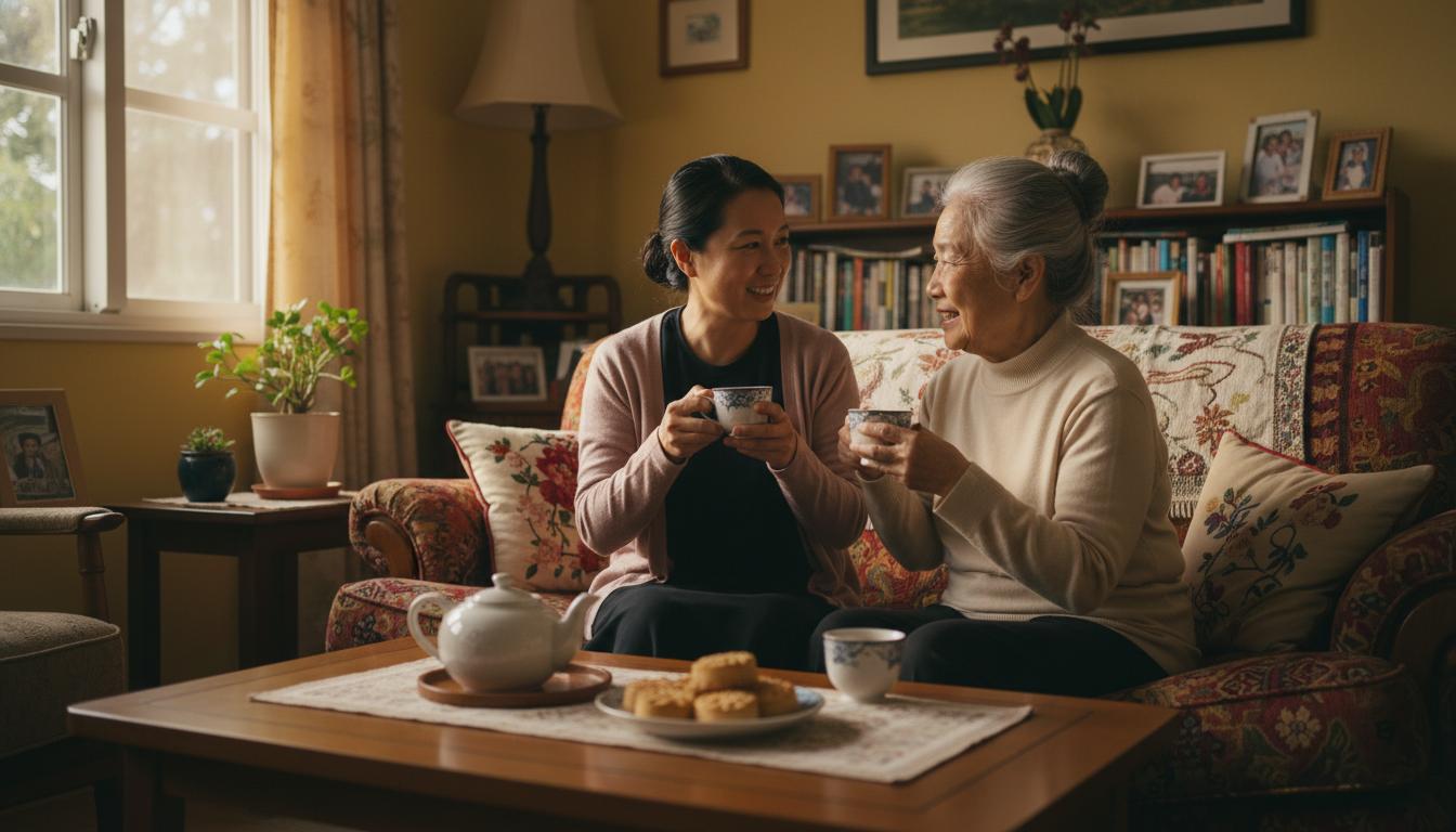 看護員與長者在客廳喝茶聊天