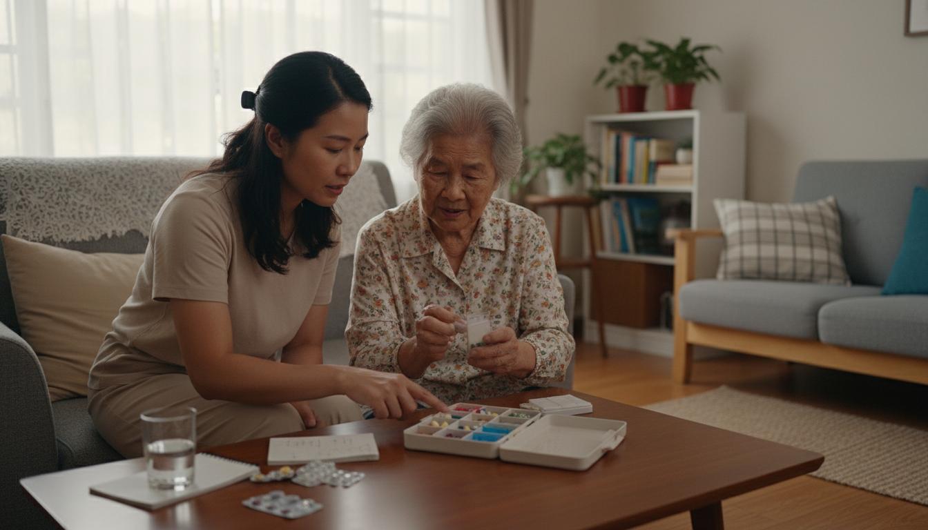 看護員在客廳協助長者整理藥盒