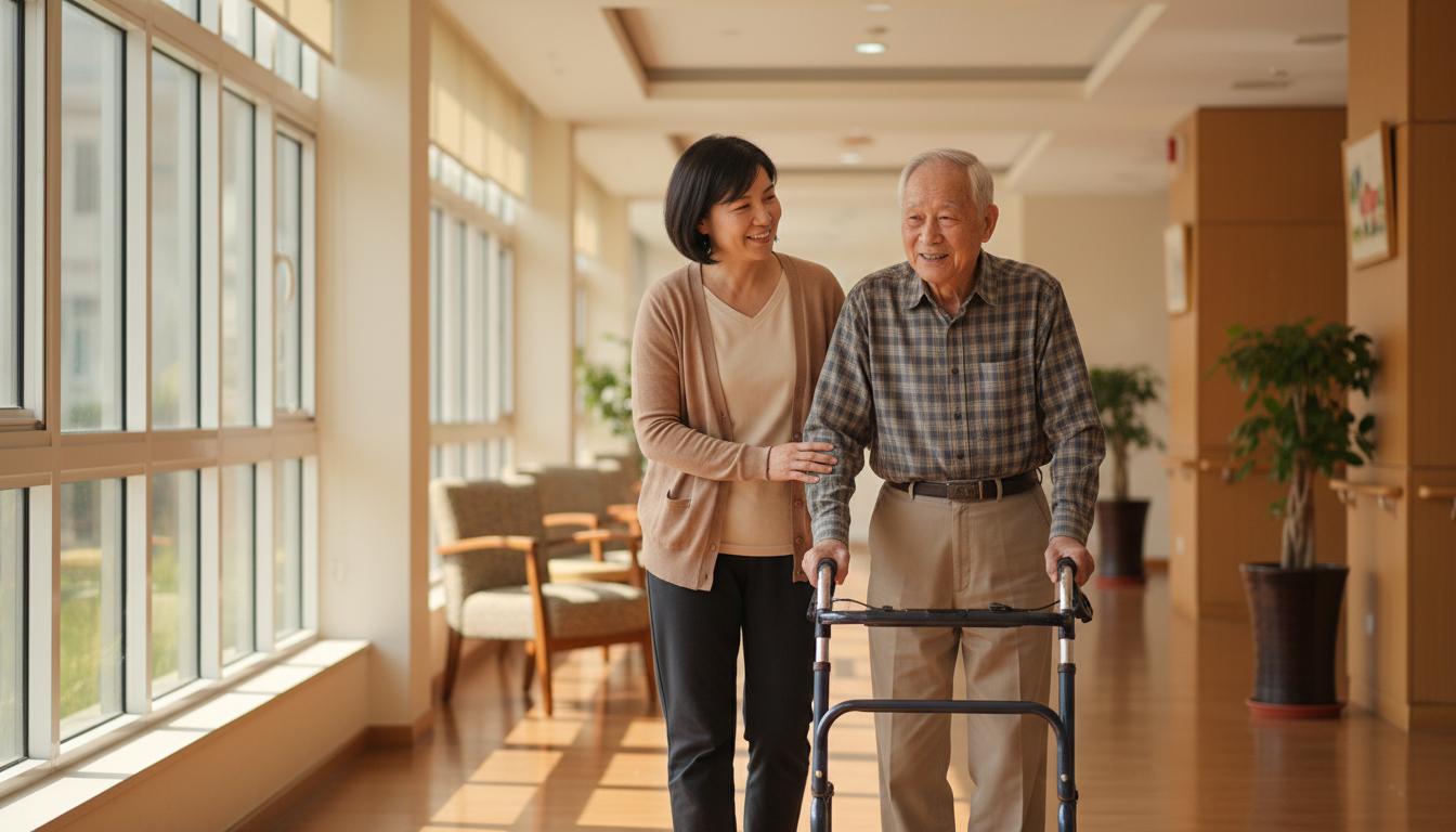 看護員陪伴長者使用助行器