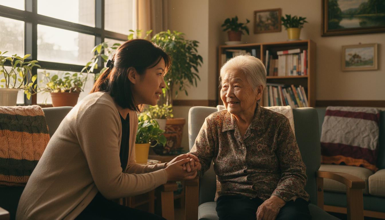 家屬與長者在看護中心窗邊交談