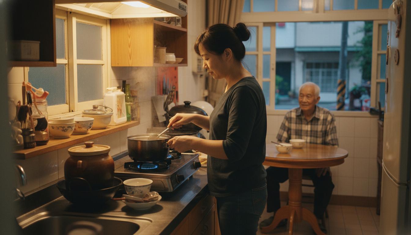 看護員在廚房準備溫熱餐食