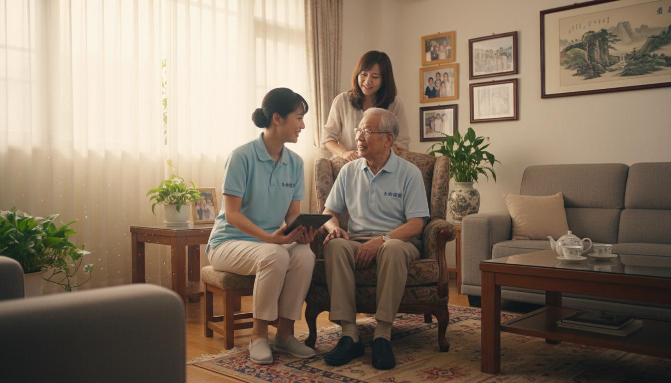 專業看護員在高雄家庭中與長者溫馨交流