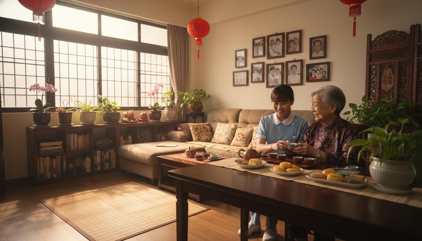 居家看護員與長者在家中享受下午茶時光