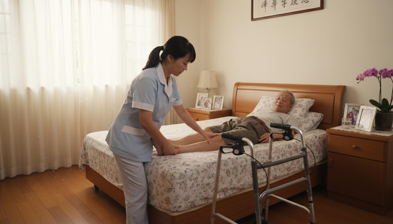 居家看護員協助長者進行復健運動