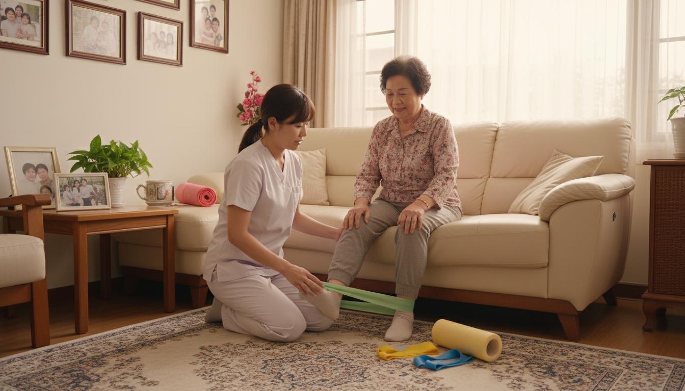 看護員在家中協助術後患者進行復健運動