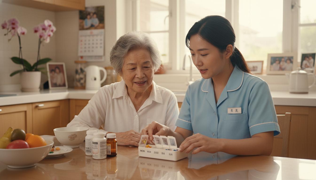 看護員協助長者整理用藥